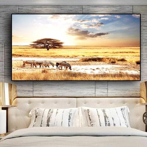 Sunsets African Zebra Animal Landscape Posters and Prints Canvas Painting Cuadros Scandinavian Wall Art Picture for Living Room
