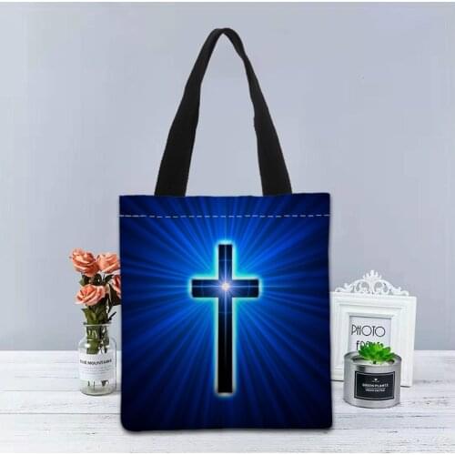 Custom Glowing Cross Tote Bag Canvas Fabric Handbag Two Sides Printed Shopping Bag Traveling Casual Useful Shoulder Bag 1214