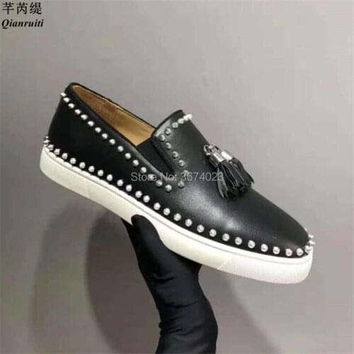 Qianruiti Men Fashion Loafers Rivets Studs Thick Flats Round Toe Slip on Sneakers Fringed Dress Shoes Party Shoes Zapatos Hombre