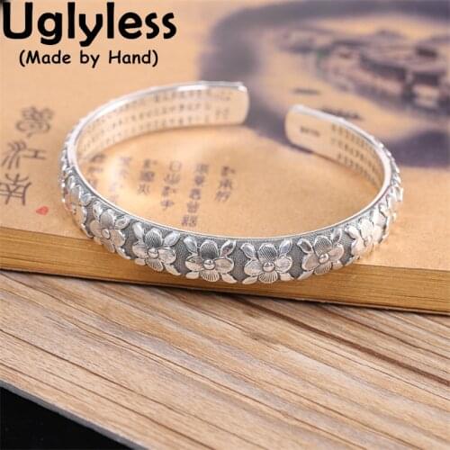 Uglyless Heart Sutra Buddhism Bangles for Women Thai Silver Flowers Lotus Buddha Hands Jewelry 999 Pure Silver Religious Bangles