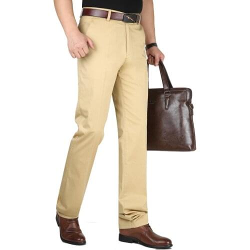 Spring Autumn Thin ice Silk Cotton Business Casual Pants Men Middle-aged Mens Stretch Trousers High Waist Straight Loose