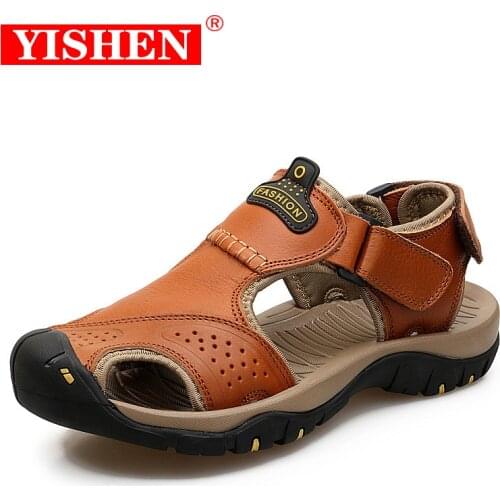 YISHEN Classic Men Sandals Summer Leather Slippers Breathable Men Shoes Plus Size Sandals Soft Outdoor Men Roman Shoes