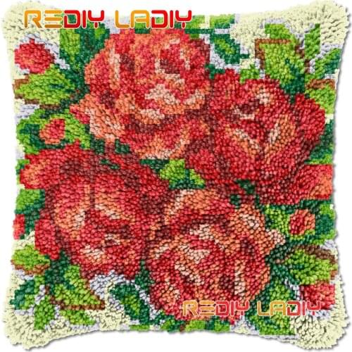 Latch Hook Cushion Rose Bouquet DIY Needlepoint Kits Chunky Acrylic Yarn Arts Crocheting Lofty Pillow Case Hobby & Crafts