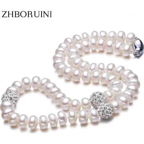 ZHBORUINI 2019 Pearl Necklace 925 Sterling Silver Jewelry For Women 8-9mm Crystal Ball Natural Freshwater Pearls Pearl Jewelry