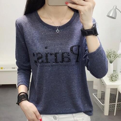 Shintimes Tee Shirt Femme Plus Size T-Shirt Women Clothes 2020 Autumn Casual Diamonds Letter Tshirts Long Sleeve Vetement Femme