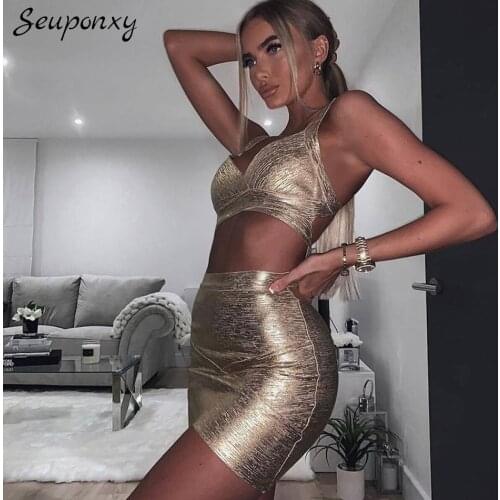 High-quality Womens Bodycon Bandage 2 Two-piece Set 2021 Summer Sexy Spaghetti Strap Hollow Short Top + Skirt Party Set