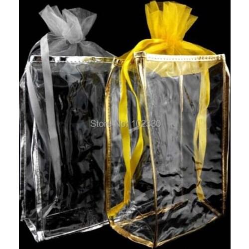 100pcs 12*6*17cm clear pvc packing bag gift bag clear cosmetic shampoo makeup packaging pouch gold silver yarn bags
