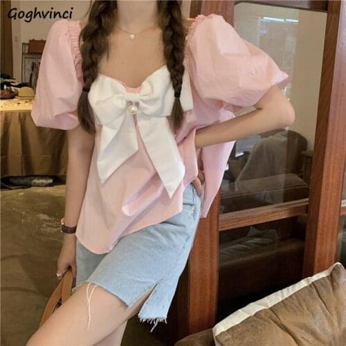 Blouses Women Summer Solid 3 Colors Simple All-match Bow Square Collar Fashion Ins Puff-sleeve Cropped Tops Girls Cute Elegant