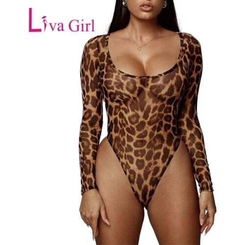 LIVA GIRL Womens Cheetah Mesh Bodysuit O-neck Long Sleeve Sheer Sexy Bodysuits Leopard Print Body Tops Bodycon Female Clubwear