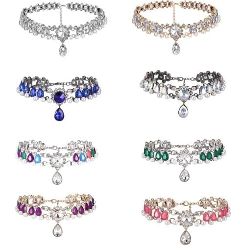 Boho Colorful Alloy Rhinestone Pearl Short Choker Necklace for Women luxury crystal Water Drop Pendant Necklace Collar Jewelry