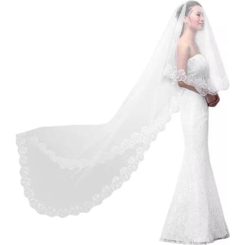 Women Pure White Wedding Veil 3M Long Embroidered Floral Lace Scalloped Edge Bridal Cathedral 1 Layer Party Accessories