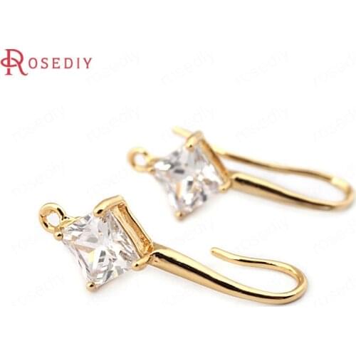 F327)6 pieces 24mm Rhombus 6mm 24K Gold Color Brass + Zircon Earrings Hooks High Quality Jewelry Findings Accessories