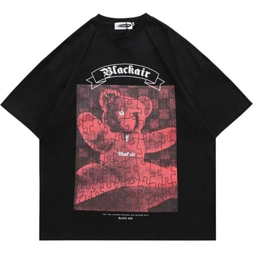 Street Spring Summer New Products Bear Print Short Sleeve Puzzle Loose Harajuku Mens T-shirt Hip Hop Cotton Tops Tees Oversize
