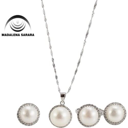 MADALENA SARARA AAA 8mm Freshwater Pearl S925 Plated pendant chain Necklace Jewelry Set