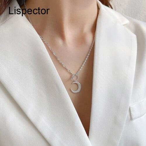 Lispector 925 Sterling Silver Matte Crescent Moon Pendant Necklace for Women Simple Shiny O Chain Necklaces Statement Jewelry