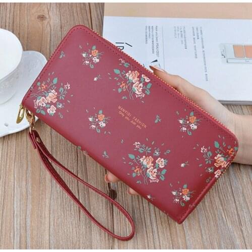 Floral Printed Double Zipper Wallet Fashion Card Holder PU Leather Two Layers Long Wallet Phone Wristlet Cultch Purse
