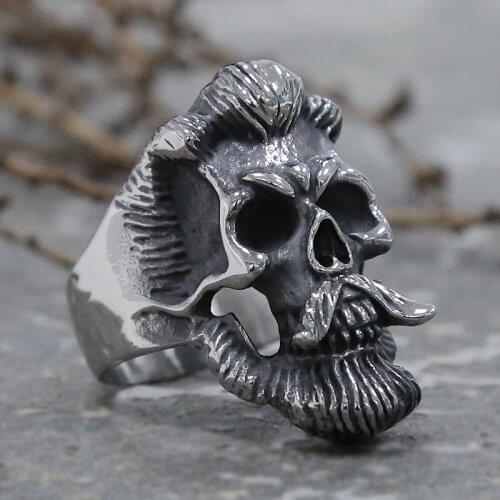 Vintage Bearded Gentleman Skull Rings Mens Stainless Steel Skull Biker Ring Male Personality Punk Rock Jewelry Size 7-15