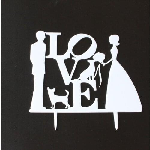 Custom White Theme Wedding Cake Topper LOVE Bride and Groom with Dog Flower Cake Stand for Wedding Gift Cake Decoration Stand