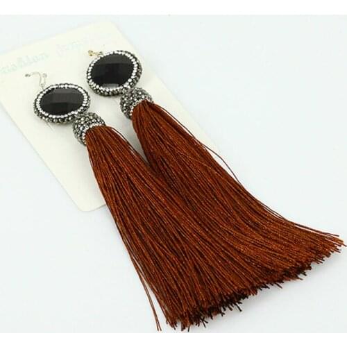 Original bohemia dark brown silk fabric tassel round oval grey black stone pearl charm connectors long dangle earrings for women