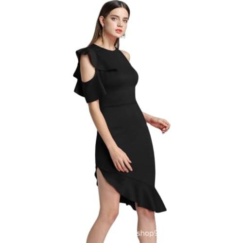 Dress Women Red Long Dresses Sexy Round Neck Sexy Slim Women Strapless Shoulder Hem Split Fork Ruffled Evening Dress Female