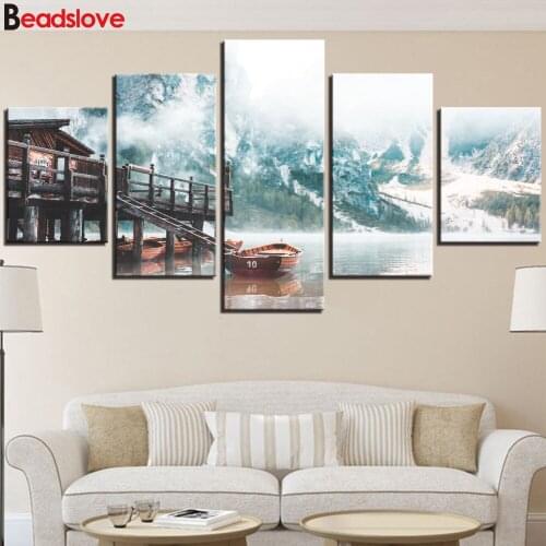 Full Square round Diamond 5D DIY Diamond Painting Peace Mountain 5 Pieces Village Lake and Fog Art Scenery Cross Stitch kits
