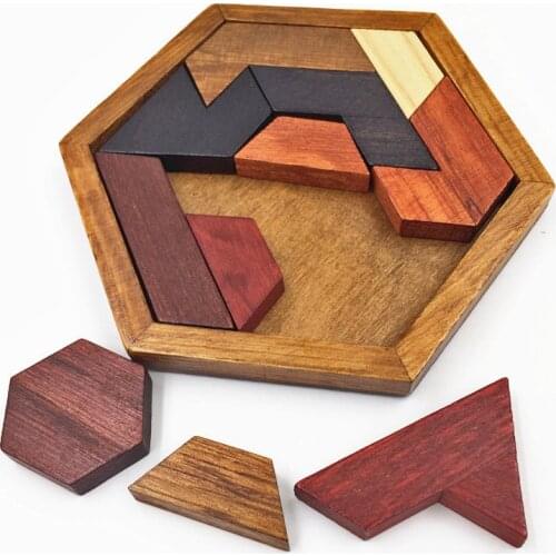 Hexagonal Wooden Puzzles IQ Game Educational Toys For Children Kids Adults Tangram Board IQ Brain Teaser Montessori Toys Gifts
