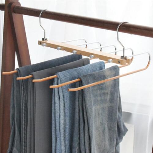 5 In 1 Solid Wood Folding Trouser Rack Non-Slip Telescopic Magic Multi-Layer Pants Hanger Wardrobe Clothing Storage Rack