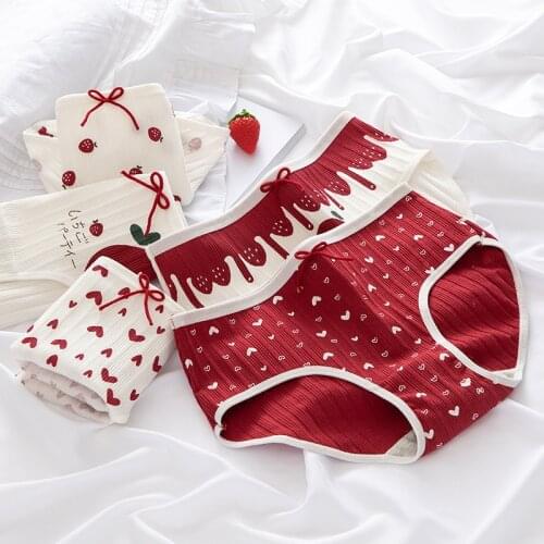 Sexy Love Heart Bow Panties Women Cotton Solid Knickers Fashion Female Red Strawberry Lady Briefs Breathable Underwear Lingeries