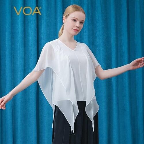 VOA 30m/m Milk White Silk V-Neck Office Lady Tops BE612 Sleeveless Georgette Impact Splicing Dovetail Refreshing T-shirt Women
