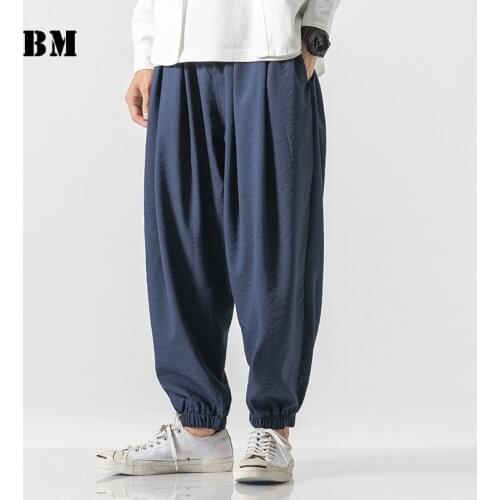 Japanese Streetwear Loose Plus Size Harem Pants Summer Thin Cropped Trousers Male Harajuku Linens Baggy Joggers Men Clothing