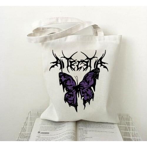 Female Goth Butterfly Print Harajuku Ladies Casual Shoulder Black Tote Bag Handbag Large Capacity Printed Canvas Female Bag