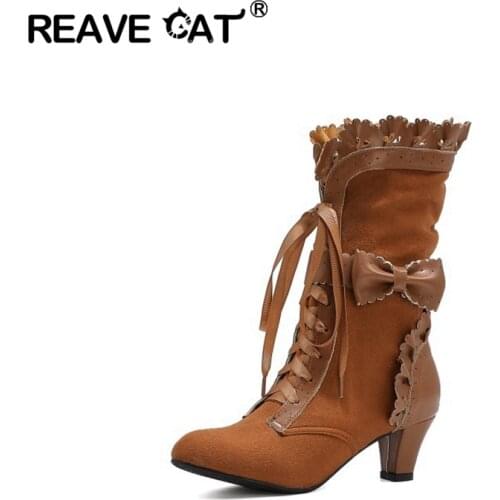 REAVECAT Autumn Winter Mid-Calf boots Round toe Chunky heels Lcae-up Butterfly-knot Lolita Big size 33-43 Blue Party Show A3152