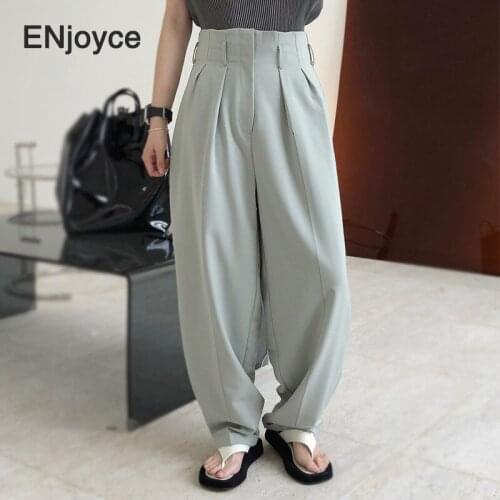 Women Chic Solid Vintage Light Green Straight Suitpants Casual Wild Wide Leg Trousers Streetwear Loose Harem Pant 2020 Summer