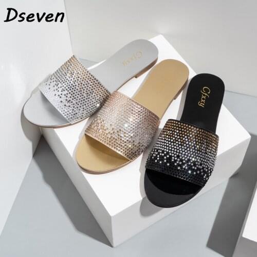 Slide For Women 2021 Outdoor Footwear Summer Crystal Flat Fashion Shoes Female Glitter Woman Slippers Beach Sandals Size37-42