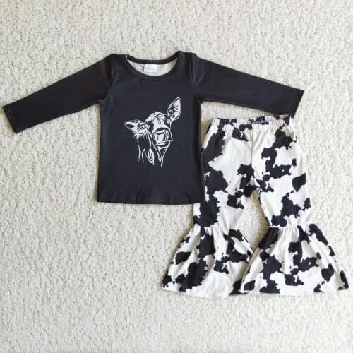 Boutique Design Girl Long Sleeve Suit Cow Head Denim Black Top Cow Spot Printed Bell Pants Girl 2pcs