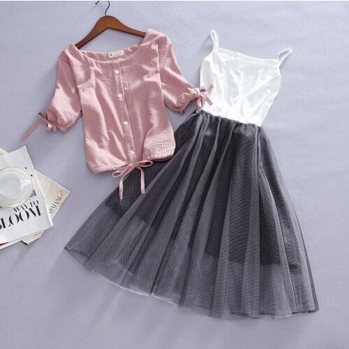 Women Summer New Two Pieces Sets Lantern Sleeve Bow Tie Chiffon Blouse Shirt Top +A Line Layered Mesh Spaghetti Strap Dress Sets