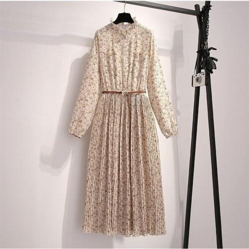 Women Dress Spring Autumn Summer O-Neck Ruffles Long Sleeve Midi Dress Floral Chiffon Pleated Dress Plus Size Beach vestidos