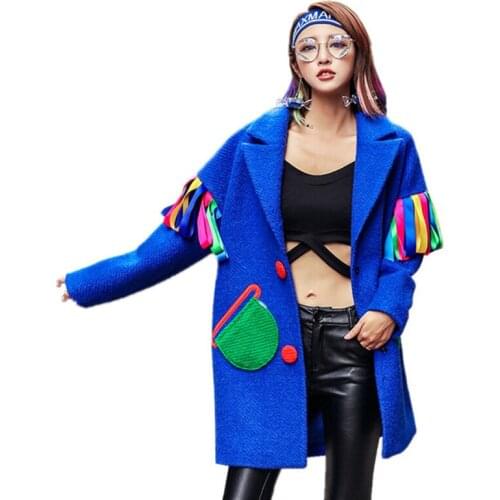 2019 Autumn Winter Women New Blue Woolen Coat Female Brand Wool Long Jacket Casual Ribbons Spliced Overcoat Thick Warm Outerwear