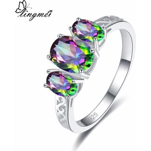 Lingmei Dropshipping Women Jewelry OvalMultiBlue Cubic Zircon Silver Color Ring Size 6-9 Gorgeous Vintage
