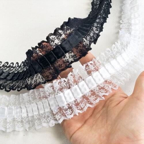 1Yards Voile Pleated Lace Fabric 4cm White Black Lace Ribbon Collar Laces Trim Sewing Applique Guipure koronki materialowe KQ10