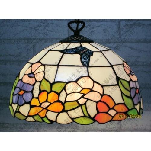 12 Inch Flesh Country Flowers butterfly Tiffany pendant light Stained Glass Lamp for Bedroom E27 110-240V