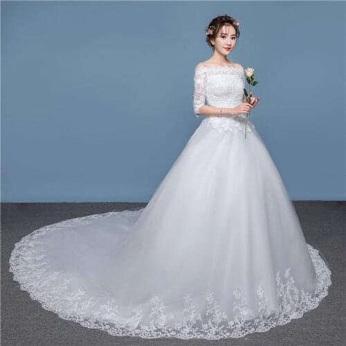 2021 New Arrival Half Sleeve Wedding Dress Lace Boat Neck Sweep/ Brush Train Lace Up Ball Gown Princess Vintage Bride Dress