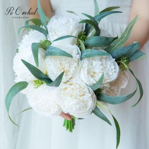 PEORCHID Silk Peony White Wedding Bouquet Bridal Artificial flowers Hand Bouquet Fake Vintage Bridesmaid Holding Flowers