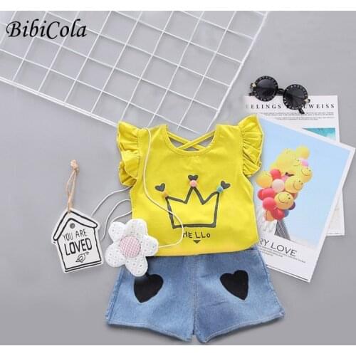 BibiCola Summer Toddler kids Baby Girl Short Sleeve Crown Tops T-Shirt + Love print shorts cute Fashion Outfits Clothes Summer