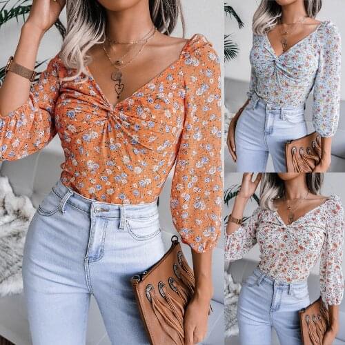 Summer Spring Floral Print Blouse Pullover Ladies V Neck Tee Tops Female Womens Full Sleeve Shirt Blusas Femininas Clothing
