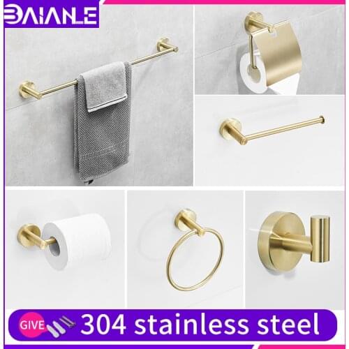 Bathroom towel holder set gold stainless steel wall mount double towel bar ring Toilet brush paper holder shelves hooks