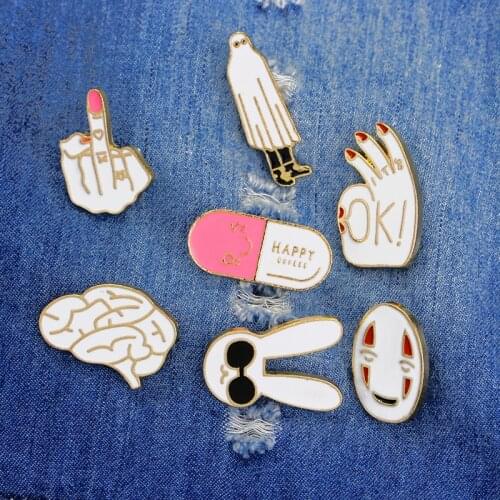 Enamel Pink White Pin Happy Smile Face Pills Heart Finger Rabbit Brooches Denim Jackets Lapel Pins Creative Badge