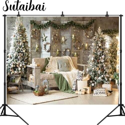 Merry Christmas Photography Backdrop Christmas Tree Wooden Screen Sofa Decor Newborn Child Portrait Background Photo Studio
