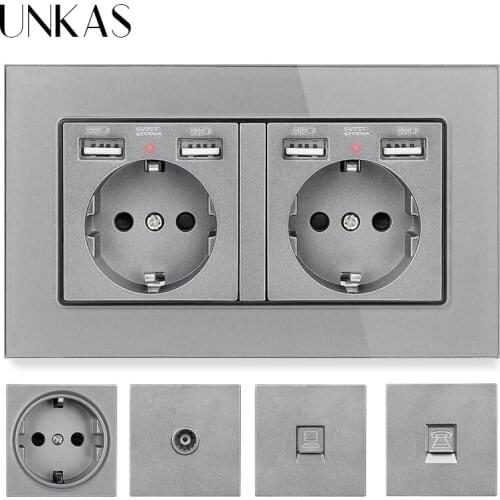 UNKAS EU French Socket With Dual USB Port + TV RJ11 Telephone RJ45 Internet Computer Jack 146mm * 86mm Grey Glass Panel Outlet