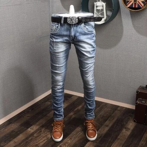 Italian Style Fashion Men Jeans Elastic Cotton Slim Fit Ripped Jeans Men Retro Light Blue Vintage Designer Denim Pencil Pants